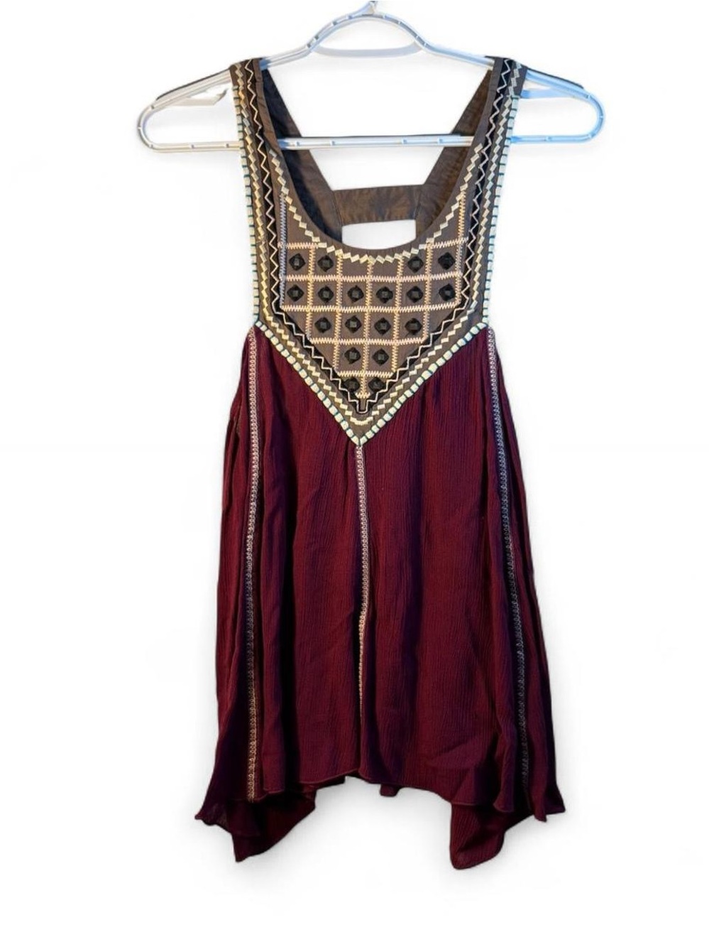 Free People Burgundy Embroidered Boho Tank
